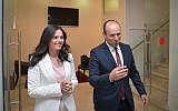 Justice Minister Ayelet Shaked, left, and Education Minister Nafatli Bennett seen announcing the formation of their New Right party, at a press conference in Tel Aviv on December 29, 2018. (Yossi Zeliger/Flash90)