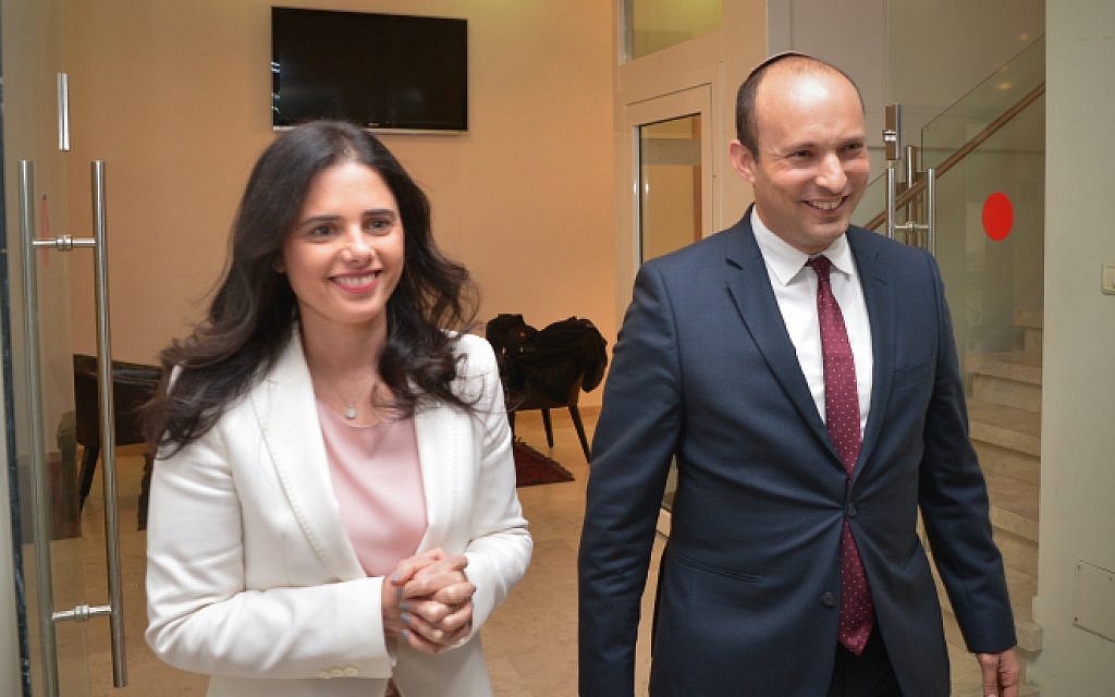 Education Minister Nafatli Bennett (R) and Justice Minister Ayelet Shaked announce the establishment of the New Right (HaYamin HeHadash) party at a press conference in Tel Aviv on December 29, 2018 (Yossi Zeliger/Flash90) Education Minister Nafatli Bennett (R) and Justice Minister Ayelet Shaked announce the establishment of the New Right (HaYamin HeHadash) party at a press conference in Tel Aviv on December 29, 2018 (Yossi Zeliger/Flash90)