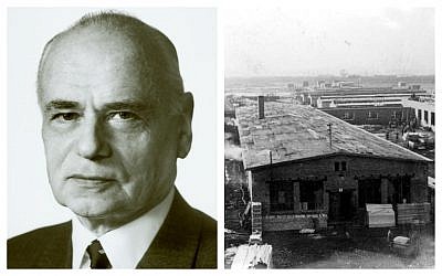 Dr. Kurt Hamann, left, and one of the buildings at Auschwitz insured by the Victoria Insurance Company, of which he was chair from 1935 to 1968. (Courtesy Victoria/ERGO; Yad Vashem)