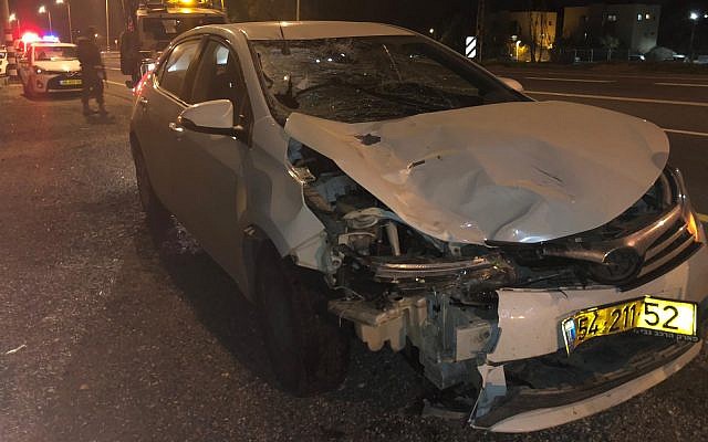 A damaged car is seen after it struck an Israeli combat soldier on Route 232 in southern Israel on December 19, 2018. (Israel Police) A damaged car is seen after it struck an Israeli combat soldier on Route 232 in southern Israel on December 19, 2018. (Israel Police)