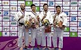 Israeli judoka Baruch Shmailov (far left), after receiving the silver medal at the Masters tournament in Guangzhou, China, December 15, 2018 (Israel Judo Association)
