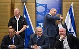 Prime Minister Benjamin Netanyahu with coalition head and Likud parliament member David Amsalem (R) and Minister of Communication Ayoub Kara at a Likud party faction meeting at the Knesset on May 7, 2018. (Miriam Alster/Flash90)