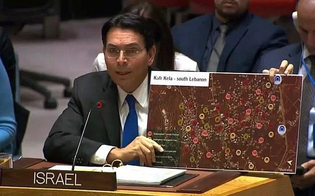 Israeli envoy Danny Danon showing a map of Lebanese town Kafr Kila with what Israel says are Hezbollah positions. (Israeli mission to the UN) Israeli envoy Danny Danon showing a map of Lebanese town Kafr Kila with what Israel says are Hezbollah positions. (Israeli mission to the UN)