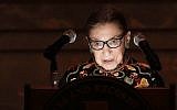 US Supreme Court Justice Ruth Bader Ginsburg speaks during a naturalization ceremony at the rotunda of the National Archives in Washington, DC, Dec. 14, 2018 (Alex Wong/Getty Images via JTA)