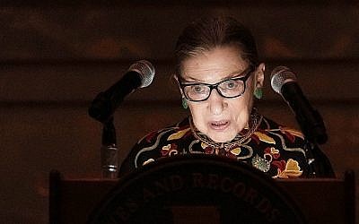 US Supreme Court Justice Ruth Bader Ginsburg speaks during a naturalization ceremony at the rotunda of the National Archives in Washington, DC, Dec. 14, 2018 (Alex Wong/Getty Images via JTA) US Supreme Court Justice Ruth Bader Ginsburg speaks during a naturalization ceremony at the rotunda of the National Archives in Washington, DC, Dec. 14, 2018 (Alex Wong/Getty Images via JTA)