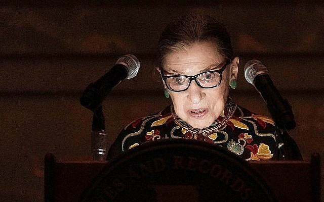 US Supreme Court Justice Ruth Bader Ginsburg speaks during a naturalization ceremony at the rotunda of the National Archives in Washington, DC, Dec. 14, 2018 (Alex Wong/Getty Images via JTA) US Supreme Court Justice Ruth Bader Ginsburg speaks during a naturalization ceremony at the rotunda of the National Archives in Washington, DC, Dec. 14, 2018 (Alex Wong/Getty Images via JTA)