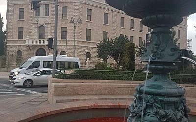 Red dye in the water of a fountain at Paris Square in Jerusalem, December 3, 2018. (Gender Counter-Terrorism Unit)