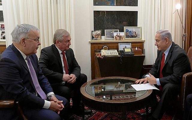 Prime Minister Benjamin Netanyahu (right) holds talks centering on Iran and Syria with Russian President Vladimir Putin's special envoy for Syrian affairs, Alexander Lavrentiev (center) and Russian Deputy Foreign Minister Sergey Vershinin (left) at his office in Jerusalem, January 29, 2019. (Amos Ben-Gershom/GPO) Prime Minister Benjamin Netanyahu (right) holds talks centering on Iran and Syria with Russian President Vladimir Putin's special envoy for Syrian affairs, Alexander Lavrentiev (center) and Russian Deputy Foreign Minister Sergey Vershinin (left) at his office in Jerusalem, January 29, 2019. (Amos Ben-Gershom/GPO)