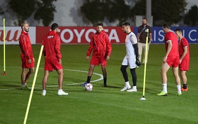 Players of the Palestinian national soccer team take part in a training session in Sharjah, northeast of Dubai, on January 4, 2019, on the eve of the 2019 AFC Asian Cup. (Karim Sahib/AFP) Players of the Palestinian national soccer team take part in a training session in Sharjah, northeast of Dubai, on January 4, 2019, on the eve of the 2019 AFC Asian Cup. (Karim Sahib/AFP)