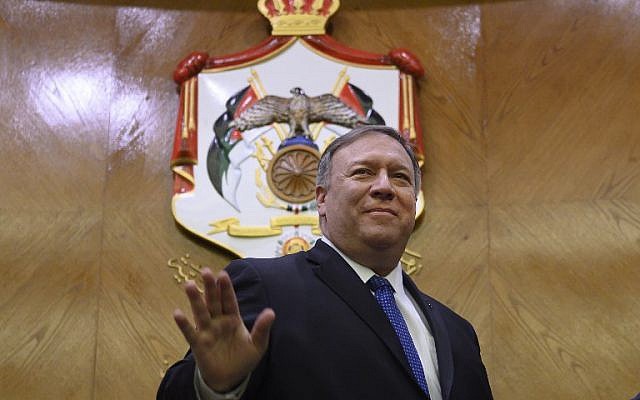US Secretary of State Mike Pompeo gestures during a press conference with Jordan's foreign minister in Amman on January 8, 2019. (Andrew Caballero-Reynolds/Pool/AFP) US Secretary of State Mike Pompeo gestures during a press conference with Jordan's foreign minister in Amman on January 8, 2019. (Andrew Caballero-Reynolds/Pool/AFP)