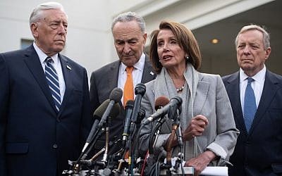 US House Speaker Nancy Pelosi (2nd R), Senate Minority Leader Chuck Schumer (2nd L), House Democratic Whip Steny Hoyer (L) and Senate Democratic Whip Dick Durbin (R) speak to the media following a meeting with US President Donald Trump at the White House about the partial government shutdown, on January 9, 2019. (Saul Loeb/AFP)