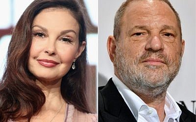 This combination of file pictures created on July 18, 2018 shows US actress Ashley Judd (L) speaking at the 2017 Summer Television Critics Association Press Tour in Los Angeles on July 24, 2017, and US film producer Harvey Weinstein on the sidelines of the 70th Cannes Film Festival in Antibes, France, on May 23, 2017. (Photos by Frederick M. Brown and Yann COATSALIOU / various sources / AFP)