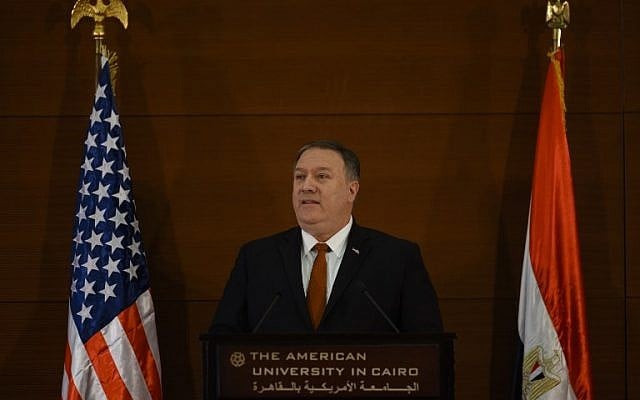 US Secretary of State Mike Pompeo speaks to students at the American University Cairo, in the eastern suburb of New Cairo, east of the capital on January 10, 2019. (ANDREW CABALLERO-REYNOLDS//AFP) US Secretary of State Mike Pompeo speaks to students at the American University Cairo, in the eastern suburb of New Cairo, east of the capital on January 10, 2019. (ANDREW CABALLERO-REYNOLDS//AFP)