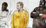 A court sketch made on January 10, 2019 shows Mehdi Nemmouche (C), accused of the terrorist attack at the Jewish Museum in Brussels in 2014, during his trial at the Brussels Justice Palace. (Benoit PEYRUCQ / AFP)