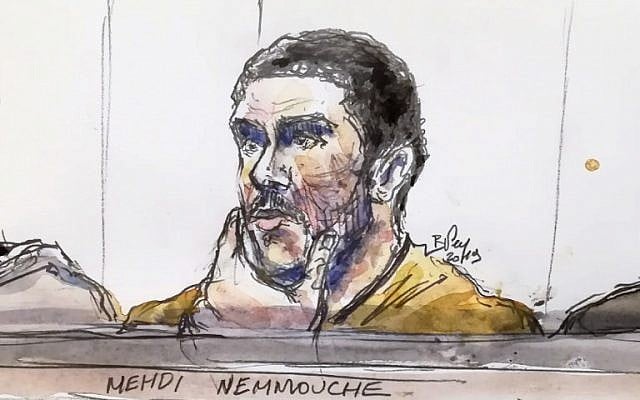 A court sketch made on January 10, 2019, shows Mehdi Nemmouche, accused of the terrorist attack at the Jewish Museum in Brussels in 2014, during his trial at the Brussels Justice Palace. (Benoit Peyrucq/AFP) A court sketch made on January 10, 2019, shows Mehdi Nemmouche, accused of the terrorist attack at the Jewish Museum in Brussels in 2014, during his trial at the Brussels Justice Palace. (Benoit Peyrucq/AFP)