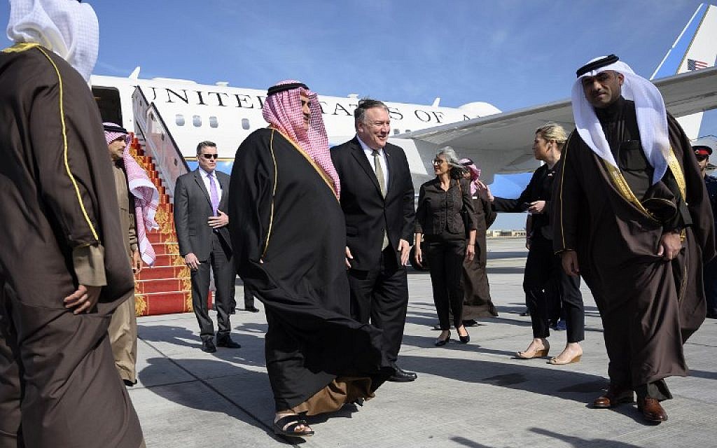 US Secretary of State Mike Pompeo (C-R) is greeted by Bahraini Foreign Minister Khalid bin Ahmed Al Khalifa (C-L) after arriving in Manama International Airport in Manama on January 11, 2019. (Andrew Caballero-Reynolds/Pool/AFP) US Secretary of State Mike Pompeo (C-R) is greeted by Bahraini Foreign Minister Khalid bin Ahmed Al Khalifa (C-L) after arriving in Manama International Airport in Manama on January 11, 2019. (Andrew Caballero-Reynolds/Pool/AFP)