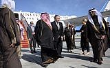 US Secretary of State Mike Pompeo (C-R) is greeted by Bahraini Foreign Minister Khalid bin Ahmed Al Khalifa (C-L) after arriving in Manama International Airport in Manama on January 11, 2019. (Andrew Caballero-Reynolds/Pool/AFP)
