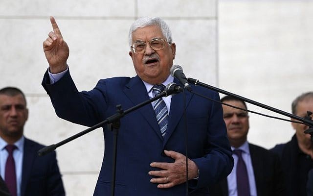In this photo taken on November 11, 2018, PA President Mahmoud Abbas gives a speech after laying a wreath at the tomb of late Palestinian leader Yasser Arafat inside the Mukataa compound, in the the West Bank city of Ramallah. (Abbas Momani/AFP) In this photo taken on November 11, 2018, PA President Mahmoud Abbas gives a speech after laying a wreath at the tomb of late Palestinian leader Yasser Arafat inside the Mukataa compound, in the the West Bank city of Ramallah. (Abbas Momani/AFP)