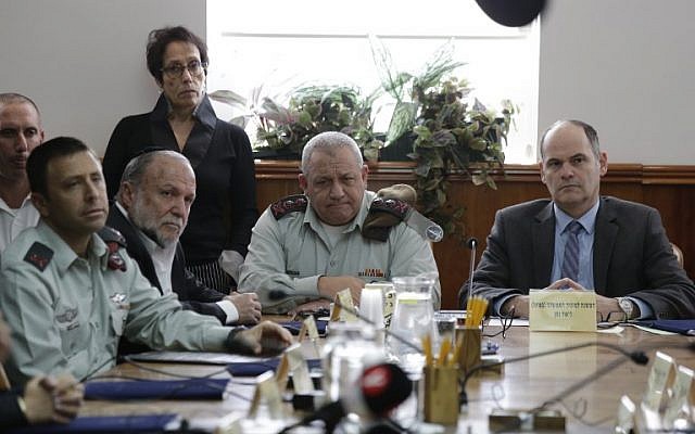 Illustrative: IDF Chief of Staff Gadi Eisenkot (C) participates in weekly cabinet meeting in Jerusalem on January 13, 2018. (Ariel Schalit / Pool / AFP) Illustrative: IDF Chief of Staff Gadi Eisenkot (C) participates in weekly cabinet meeting in Jerusalem on January 13, 2018. (Ariel Schalit / Pool / AFP)