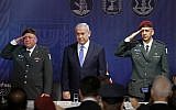 Outgoing IDF Chief of Staff Lt. Gen. Gadi Eisenkot (left), Prime Minister Benjamin Netanyahu and the incoming chief Aviv Kochavi (right) take part in a handover ceremony on January 15, 2019 at the Defense Ministry headquarters in Tel Aviv.  (JACK GUEZ/AFP)