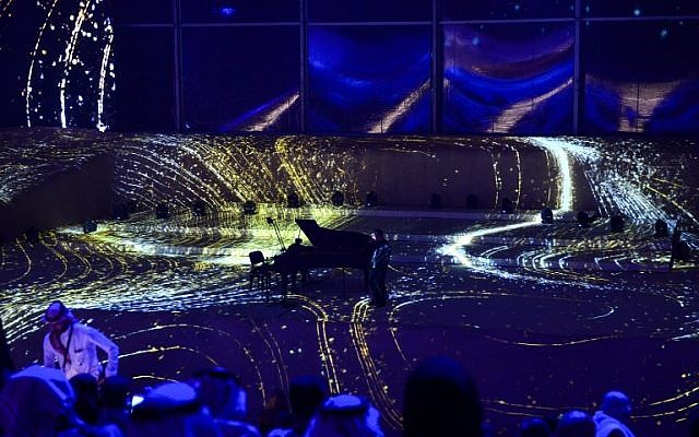 A view of a musical performance by French solo violinist Renaud Capucon during the first 'Winter at Tantora' music carnival, at the purpose-built Maraya (Arabic for 'Mirror') concert hall in the ruins of Al-Ula, a UNESCO World Heritage site in northwestern Saudi Arabia, January 4, 2019. (FAYEZ NURELDINE/AFP)