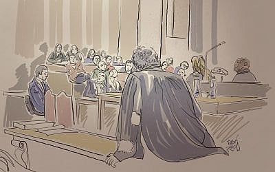 A court sketch made on January 22, 2019 at the Brussels Justice Palace, shows people watching video images during the trial of French jihadist Mehdi Nemmouche, accused of shooting four people dead at a Jewish museum in Brussels on May 24, 2014, allegedly the first Syria jihad veteran to stage a terror attack in Europe. (Igor Preys/BELGA/AFP)