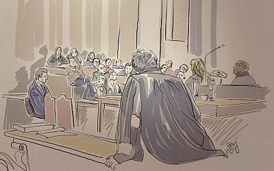 A court sketch made on January 22, 2019, at the Brussels Justice Palace, shows people watching video images during the trial of Frenchman Mehdi Nemmouche, accused of shooting four people dead at a Jewish museum in Brussels. (Igor Preys/Belga/AFP) A court sketch made on January 22, 2019, at the Brussels Justice Palace, shows people watching video images during the trial of Frenchman Mehdi Nemmouche, accused of shooting four people dead at a Jewish museum in Brussels. (Igor Preys/Belga/AFP)