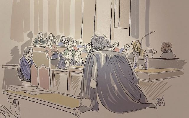 A court sketch made on January 22, 2019, at the Brussels Justice Palace, shows people watching video images during the trial of Frenchman Mehdi Nemmouche, accused of shooting four people dead at a Jewish museum in Brussels. (Igor Preys/Belga/AFP) A court sketch made on January 22, 2019, at the Brussels Justice Palace, shows people watching video images during the trial of Frenchman Mehdi Nemmouche, accused of shooting four people dead at a Jewish museum in Brussels. (Igor Preys/Belga/AFP)