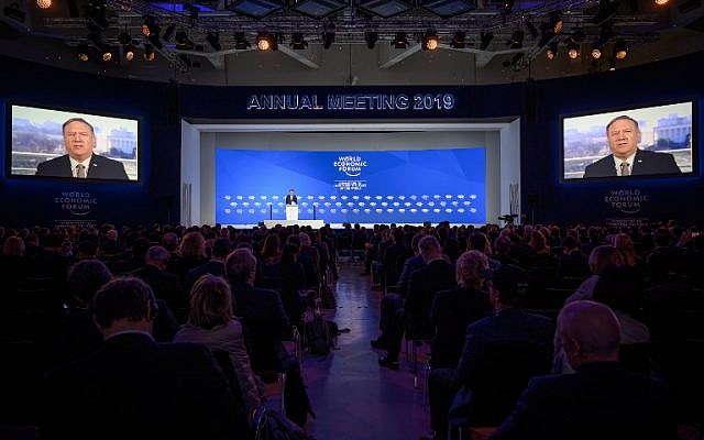 US Secretary of State Mike Pompeo is seen on screens during his address via satellite at the World Economic Forum (WEF) annual meeting, on January 22, 2019 in Davos, eastern Switzerland. (Fabrice Coffrini/AFP) US Secretary of State Mike Pompeo is seen on screens during his address via satellite at the World Economic Forum (WEF) annual meeting, on January 22, 2019 in Davos, eastern Switzerland. (Fabrice Coffrini/AFP)