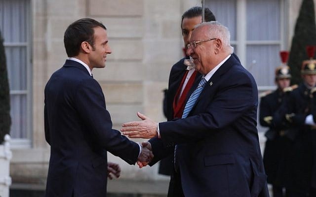 Israeli president Reuven Rivlin, right, is welcomed by French President Emmanuel Macron on his arrival at the Elysee Palace in Paris on January 23, 2019. (ludovic Marin/AFP) Israeli president Reuven Rivlin, right, is welcomed by French President Emmanuel Macron on his arrival at the Elysee Palace in Paris on January 23, 2019. (ludovic Marin/AFP)