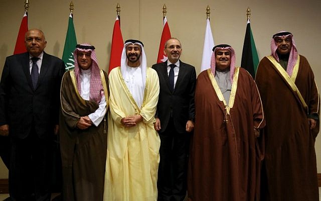 (From L to R) The foreign ministers of Egypt Sameh Shukri, Saudi Arabia Adel al-Jubeir, the UAE Abdullah bin Zayed Al-Nahyan, Jordan Ayman Safadi, Bahrain Khaled bin Ahmad al-Khalifa and Kuwait Sheikh Sabah Khaled al-Hamad al-Sabah, pose for a picture during the Arab foreign ministers meeting to discuss regional issues on January 31, 2019 in the Hussein bin Talal convention centre in the Dead Sea. (Khalil MAZRAAWI / AFP) (From L to R) The foreign ministers of Egypt Sameh Shukri, Saudi Arabia Adel al-Jubeir, the UAE Abdullah bin Zayed Al-Nahyan, Jordan Ayman Safadi, Bahrain Khaled bin Ahmad al-Khalifa and Kuwait Sheikh Sabah Khaled al-Hamad al-Sabah, pose for a picture during the Arab foreign ministers meeting to discuss regional issues on January 31, 2019 in the Hussein bin Talal convention centre in the Dead Sea. (Khalil MAZRAAWI / AFP)