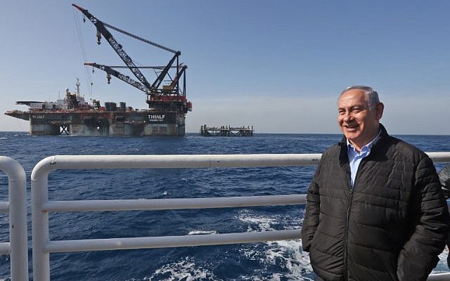 Prime Minister Benjamin Netanyahu during the inauguration of the foundation platform for the Leviathan natural gas field in the Mediterranean Sea on January 31, 2019. (Photo by Marc Israel SELLEM / POOL / AFP) Prime Minister Benjamin Netanyahu during the inauguration of the foundation platform for the Leviathan natural gas field in the Mediterranean Sea on January 31, 2019. (Photo by Marc Israel SELLEM / POOL / AFP)
