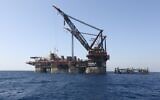 This picture taken on January 31, 2019, shows a view of the SSCV Thialf crane vessel after laying the newly arrived foundation platform for the Leviathan natural gas field in the Mediterranean Sea, about 130 kilometers (81 miles) west of Haifa. (Marc Israel Sellem/Pool/AFP)