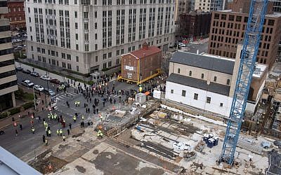 Adas synagogue, the oldest in the capital, being moved to a new location in Washington, DC January 9, 2019. (Ron Sachs/CNP via JTA)