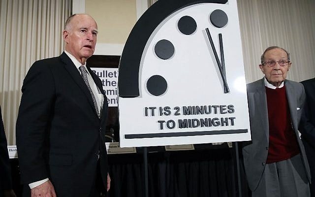 Former California governor Jerry Brown and former secretary of defense William Perry unveil the Doomsday Clock during a news conference on January 24, 2019 in Washington, DC. (Mark Wilson/Getty Images/AFP) Former California governor Jerry Brown and former secretary of defense William Perry unveil the Doomsday Clock during a news conference on January 24, 2019 in Washington, DC. (Mark Wilson/Getty Images/AFP)
