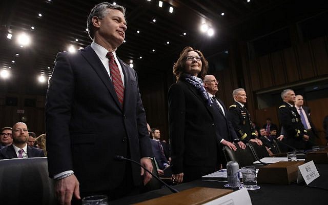 FBI chief Christopher Wray; CIA head Gina Haspel; Director of National Intelligence Dan Coats; Gen. Robert Ashley, director of the Defense Intelligence Agency; Gen. Paul Nakasone; and Robert Cardillo at the hearing on January 29, 2019 in Washington. (Win McNamee/Getty Images/AFP) FBI chief Christopher Wray; CIA head Gina Haspel; Director of National Intelligence Dan Coats; Gen. Robert Ashley, director of the Defense Intelligence Agency; Gen. Paul Nakasone; and Robert Cardillo at the hearing on January 29, 2019 in Washington. (Win McNamee/Getty Images/AFP)