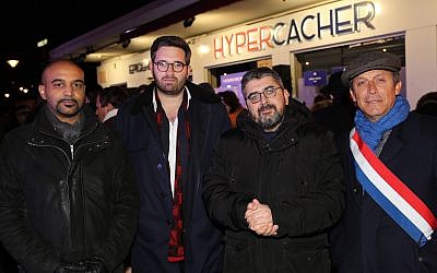 Dominique Sopo, Sacha Ghozlan, Mohamed Sifaoui and Sen. David Assouline attend the annual commemoration for the victims of the 2015 jihadist attack at the Hyper Cacher store in Paris, January 9, 2019. (Alain Azria)
