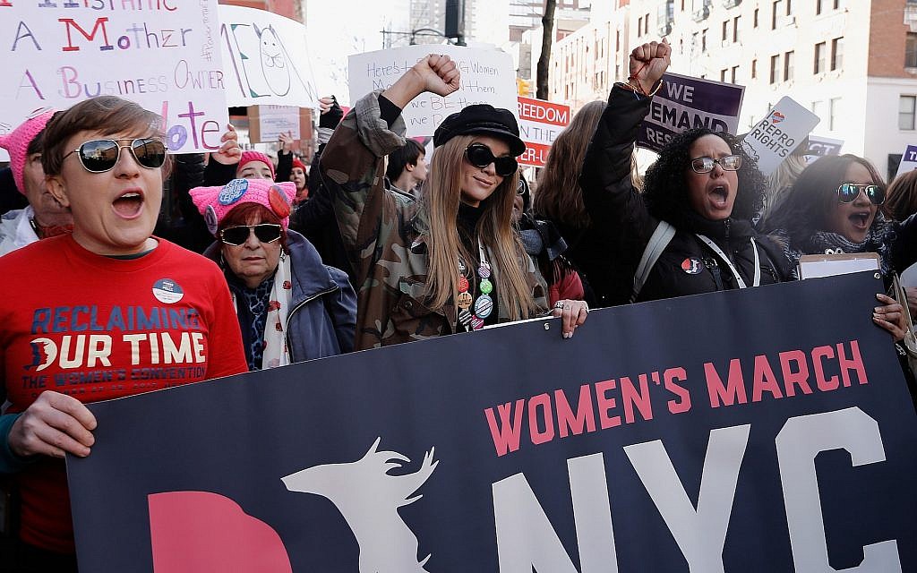 People participating in the 2018 Women’s March in New York City, Jan. 20, 2018. (John Lamparski/Getty Images via JTA) People participating in the 2018 Women’s March in New York City, Jan. 20, 2018. (John Lamparski/Getty Images via JTA)