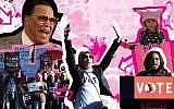 From top left, clockwise: Nation of Islam Leader Louis Farrakhan, a young participant at the 2018 Los Angeles Women’s March, Tamika Mallory, Linda Sarsour and Women’s March participants in Las Vegas in 2018. (JTA Collage/Farrakhan Photo: Monica Morgan/WireImage/Getty Images; Girl Photo: Chelsea Guglielmino/Getty Images; Mallory, Sarsour and protestors Photos: Ethan Miller/Getty Images)