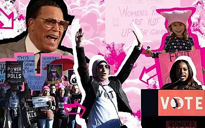 From top left, clockwise: Nation of Islam Leader Louis Farrakhan, a young participant at the 2018 Los Angeles Women’s March, Tamika Mallory, Linda Sarsour and Women’s March participants in Las Vegas in 2018. (JTA Collage/Farrakhan Photo: Monica Morgan/WireImage/Getty Images; Girl Photo: Chelsea Guglielmino/Getty Images; Mallory, Sarsour and protestors Photos: Ethan Miller/Getty Images)
