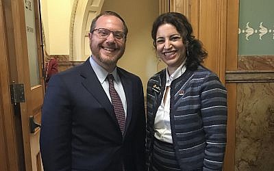 Rabbi Yehiel Kalish attending the swearing-in of Dafna Michaelson Jenet, his sister, at the Colorado House of Representatives in Denver, January 11, 2017. (Courtesy of Michaelson Jenet/via JTA)