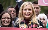 Rachel Riley poses with campaigners outside of the Houses of Parliament in London before delivering a petition to Downing Street, October 8, 2018. Riley has spoken out in recent months about her Jewish identity and the anti-Semitic abuse she has received online. (Handout/Tom Nicholson for Bauer Media via Getty Images/via JTA)