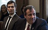 US President Donald Trump speaks as New Jersey Governor Chris Christie (C) and senior adviser Jared Kushner (L) look on during a meeting about opioid and drug abuse in the Cabinet Room at the White House in Washington, DC, on March 29, 2017.  (AFP PHOTO / NICHOLAS KAMM )