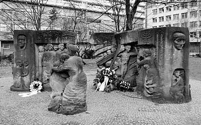 The memorial to the 1943 German Jewish women’s protest. The sculpture shows women protesting and the men behind bars. In the distance one can see remnants of the Old Synagogue wall. (Courtesy Walkowitz)