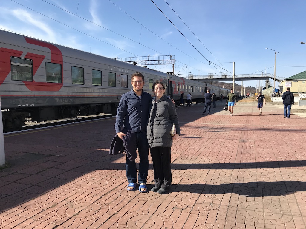 The author and her husband on a break during the ride from Ulan Ude to Vladivostok at the Skovorodinskiy Rayon Station. (Rossella Tercatin/ Times of Israel) The author and her husband on a break during the ride from Ulan Ude to Vladivostok at the Skovorodinskiy Rayon Station. (Rossella Tercatin/ Times of Israel)