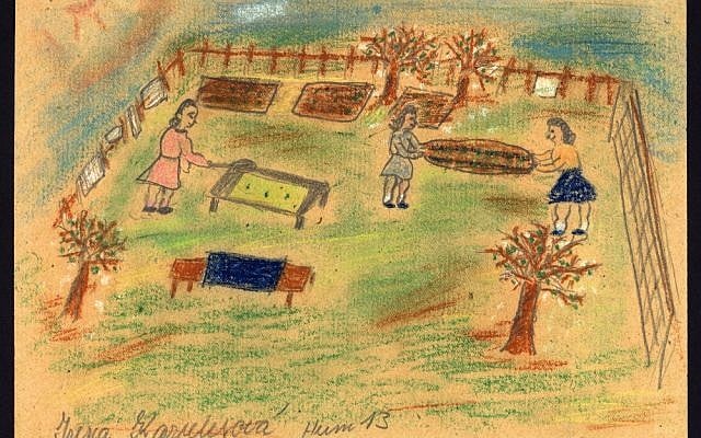 Airing mattresses in the garden by Irena Karplusová (1930-1944) created during the drawing classes in the Terezín Ghetto organized between 1943 and 1944 by the painter and teacher Friedl Dicker-Brandeis (Jewish Museum in Prague)