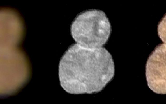 This image made available by NASA on January 2, 2019 shows images with separate color and detail information, and a composited image of both, showing Ultima Thule, about 1 billion miles beyond Pluto. (NASA via AP) This image made available by NASA on January 2, 2019 shows images with separate color and detail information, and a composited image of both, showing Ultima Thule, about 1 billion miles beyond Pluto. (NASA via AP)