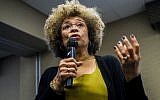 Angela Davis speaks at the University of Michigan-Flint in 2015. (Jake May/The Flint Journal via AP, File)