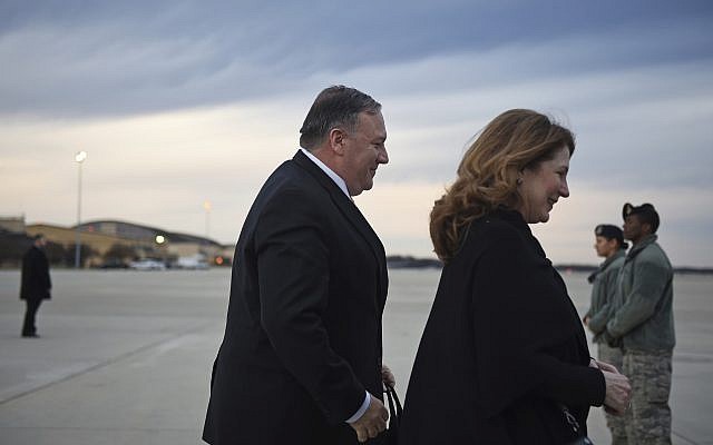 US Secretary of State Mike Pompeo and his wife Susan Pompeo walk to the plane prior to departing from Joint Base Andrews on January 7, 2019. (Andrew Caballero-Reynolds/Pool Photo via AP) US Secretary of State Mike Pompeo and his wife Susan Pompeo walk to the plane prior to departing from Joint Base Andrews on January 7, 2019. (Andrew Caballero-Reynolds/Pool Photo via AP)
