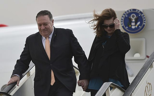 US Secretary of State Mike Pompeo, left, and his wife Susan disembark from their aircraft as they arrive in Amman, Jordan at the start of a Middle East tour, January 8, 2019. (Andrew Caballero-Reynolds/Pool Photo via AP) US Secretary of State Mike Pompeo, left, and his wife Susan disembark from their aircraft as they arrive in Amman, Jordan at the start of a Middle East tour, January 8, 2019. (Andrew Caballero-Reynolds/Pool Photo via AP)